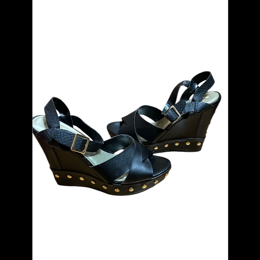 Sbicca of California Black With Gold Studded Wedge Strappy Sandals Size 10